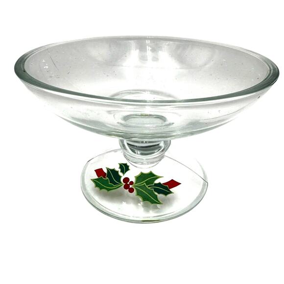 AVON Hostess Collection Glass Pedestal Holly Berry Motif Compote Candy Dish 1981 - Picture 1 of 6